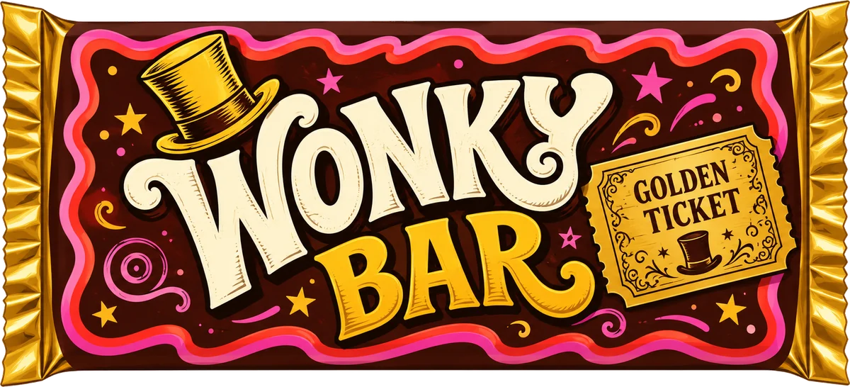 Wonky Bar chocolate bar wrapper with a golden ticket